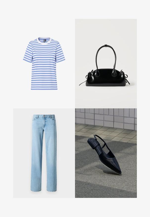 Kurzärmliges T-Shirt mit horizontalen hellblauen und weißen Streifen, Rundhalsausschnitt und sichtbarem Markenlabel im Kragen.; Helles blauer Denim-Jeans, gerade geschnitten, mit fünf Taschen und einem vorderen Knopfverschluss. Glatte Textur mit subtilen Ausbleichungen.; Schwarzer, spitz zulaufender Slingback-Flachschuh, der über einer Asphaltfläche neben einem gefliesten Bürgersteig schwebt.; Kleine schwarze glänzende Handtasche mit zwei langen Griffen und seitlichen Kordelzug-Details vor einfachem hellem Hintergrund.