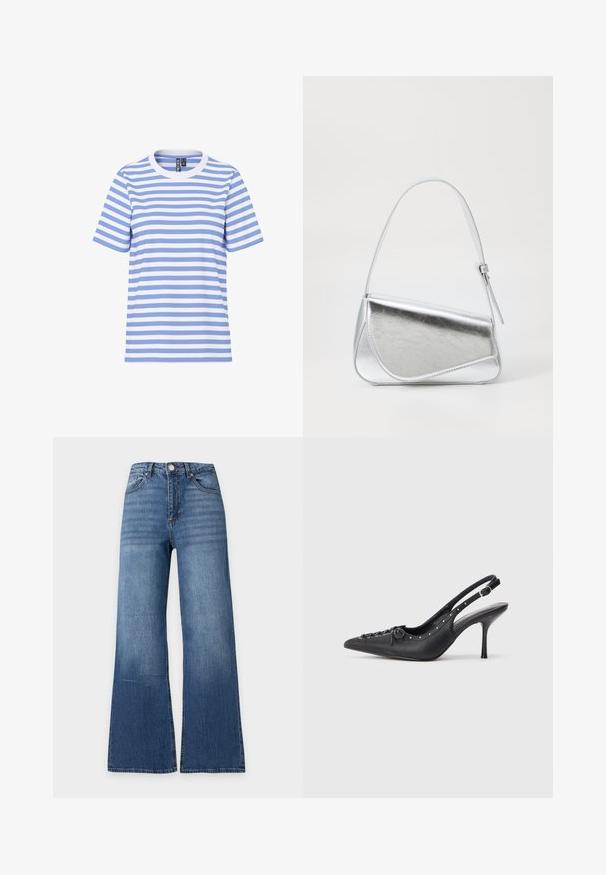 Camiseta de manga corta con rayas horizontales en azul claro y blanco, cuello redondo y etiqueta de marca visible en el interior del cuello.; Vaqueros azules de talle alto con perneras anchas, botón frontal, cremallera y diseño clásico de cinco bolsillos sobre un fondo liso claro.; Sandal de tacón stiletto negro de cuero con punta afilada, correa lateral con hebilla, tachuelas a lo largo del borde y cordones decorativos en la parte delantera.; Bolso de mano metálico plateado con forma triangular, textura suave y una fina correa de hombro ajustable. Presenta un diseño plegable con costuras.