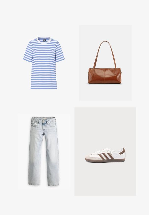 Kurzärmliges T-Shirt mit horizontalen hellblauen und weißen Streifen, Rundhalsausschnitt und sichtbarem Markenlabel im Kragen.; Hellblaue Denim-Jeans mit lockerer Passform, hoher Taille und fünf Taschen. Mit Stitching-Akzenten und einem Knopfverschluss.; Weißer Adidas Samba Sneaker mit braunen Wildlederstreifen, brauner Gummisohle und beiger Wildlederkappe, von der Außenseite auf schlichtem Hintergrund gezeigt.; Rechteckige braune Lederhandtasche mit zwei langen Schulterriemen, glattem glänzendem Finish und minimalistischem Design vor einfarbigem Hintergrund.