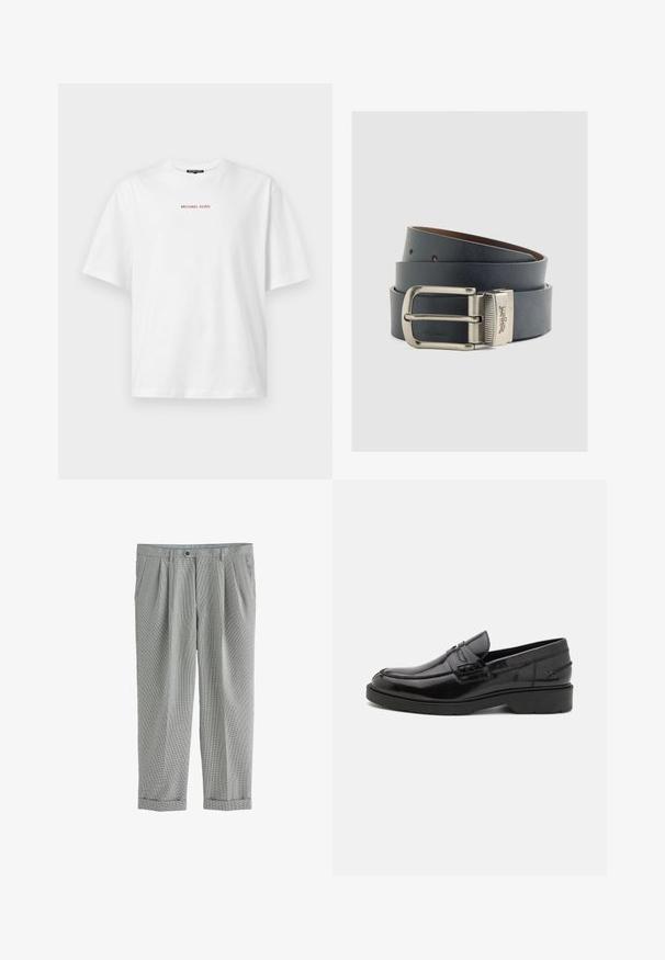 Hvid kortærmet t-shirt med rund hals og lille rød "MICHAEL KORS" tekst centreret på brystet.; Grå ternede bukser med bæltestropper, frontplisser, sidelommer, knaplukning og opsmøgede kanter.; Sorte læder loafers med en glat finish, rund tå, lav hæl og dekorativ syning langs forsiden. Gummisål for godt greb.; Læderbælte i mørkegrå med en sølvfarvet metalspænde. Har en tekstureret overflade og flere justeringshuller.