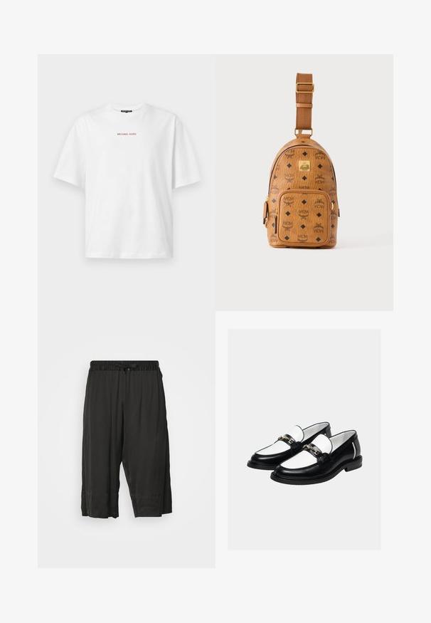 Camiseta blanca de manga corta con cuello redondo y pequeño texto rojo "MICHAEL KORS" centrado en el pecho.; Pantalones cortos negros con una cinturilla elástica y cordón. Fabricados con una tela suave y ligera, con costuras laterales para un ajuste relajado.; Par de mocasines de cuero en blanco y negro con detalle de cadena dorada en la parte superior, sobre un fondo claro y liso.; Pequeña bolsa bandolera de cuero color marrón claro con correa ajustable, bolsillo delantero con cremallera y patrón repetido del logo negro de MCM.