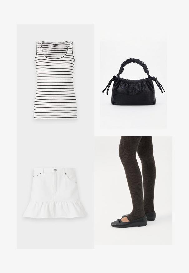 Débardeur à rayures noires et blanches horizontales. Doté d'un encolure dégagée et de bretelles fines. Tissu doux et extensible.; Jupe en denim blanc avec un ourlet froncé, dotée d'un design à cinq poches, d'une fermeture à boutons à l'avant et d'accents en métal.; Jambes portant des leggings côtelés foncés associés à des ballerines noires avec de petits détails en nœud sur fond blanc.; Sac à main noir avec texture crocodile, bord supérieur froncé, poignée plissée et pompons à cordon de chaque côté sur fond blanc.