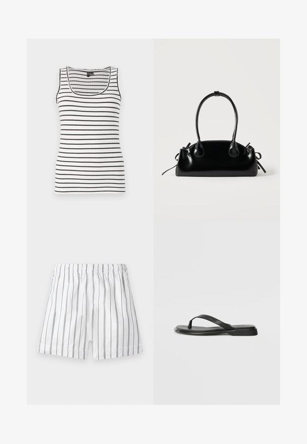 Débardeur à rayures noires et blanches horizontales. Doté d'un encolure dégagée et de bretelles fines. Tissu doux et extensible.; Shorts blancs avec de fines rayures verticales grises, une taille élastique et une coupe confortable. Fabriqués en tissu léger pour une meilleure respirabilité.; Tongs noires en cuir lisse, avec un design de sangle fine et une semelle plate à profil minimal. Aucun motif ou accent notables.; Petit sac à main noir brillant avec deux longues anses et des détails à cordon sur les côtés sur un fond clair uni.