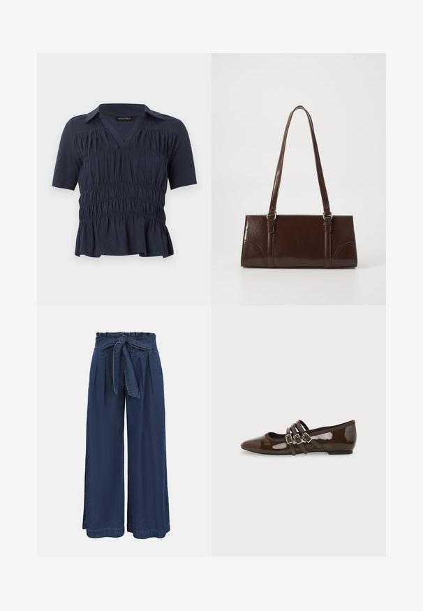 Blouse bleu marine à manches courtes avec col, encolure en V, fronces élastiques réunies sur le devant et légère évasement à l'ourlet.; Pantalon bleu marine taille haute à jambes larges, avec un devant plissé et une ceinture en tissu nouée à la taille.; Chaussure plate en cuir verni marron avec bout pointu et trois brides ajustables à boucle sur le côté, vue du profil extérieur.; Sac à main en cuir verni marron de forme rectangulaire, avec deux longues poignées et des accents courbés subtils à l'avant.