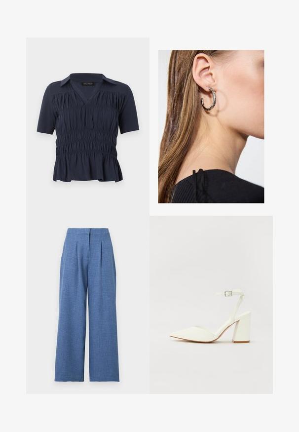 Blouse bleu marine à manches courtes avec col, encolure en V, fronces élastiques réunies sur le devant et légère évasement à l'ourlet.; Pantalon large taille haute bleu clair avec plis devant et fermeture de ceinture dissimulée.; Sandale blanche à talon avec un bout pointu, sangle de cheville réglable et un talon carré épais. Texture lisse avec des détails de couture minimaux.; Boucle d'oreille en argent avec une finition polie, présentant de petits détails en or et de forme ronde, portée sur le lobe.