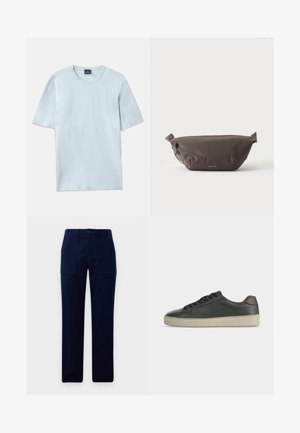 Lys blå bomuld t-shirt med rund hals og korte ærmer. Stoffet har en glat overflade og en afslappet pasform.; Mørkeblå lige bukser med store forlommer og en knaplukning ved taljen.; Lav top sort lædersneaker med sorte snørebånd og off-white gummisål, set fra den ydre side på hvid baggrund.; Mørkebrun stof talje taske med diagonalt lynlåslomme og lille hvidt logo på fronten, sat mod en ensfarvet lys baggrund.