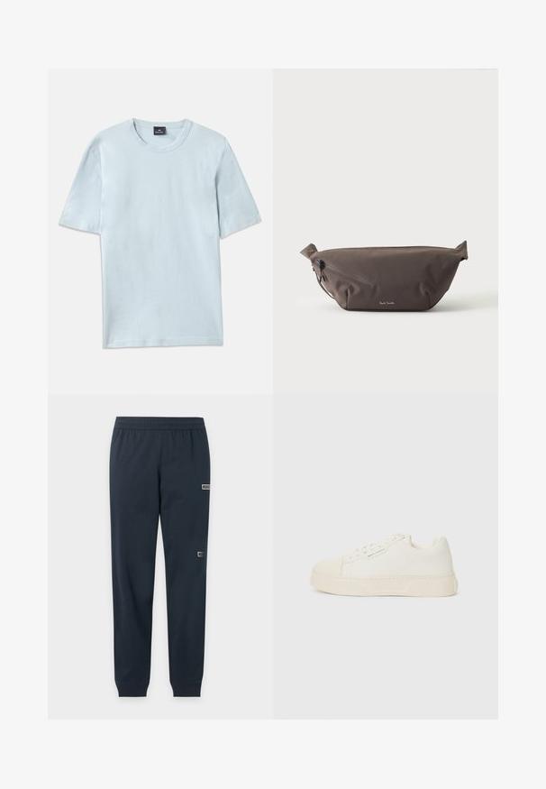 Himmelblaues Baumwoll-T-Shirt mit einem Rundhalsausschnitt und kurzen Ärmeln. Der Stoff hat eine glatte Textur und ein legeres Schnittdesign.; Marineblaue, slim-fit Jogginghose mit elastischem Bund und Bündchen, mit zwei kleinen EA7 Emporio Armani Logo-Patches am rechten Bein.; Cremfarbene Sneaker mit glattem Obermaterial, runder Zehenpartie, geprägtem Logo und strukturiertem weißen Sohlen. Verfügt über eine Schnürung und ein minimalistisches Design.; Dunkelbraune Stoff-Gürteltasche mit diagonalem Reißverschlussfach und kleinem weißen Logo vorne, vor einem einfarbigen hellen Hintergrund.