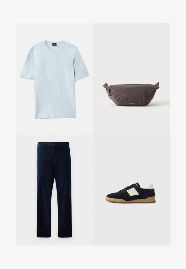 Himmelblaues Baumwoll-T-Shirt mit einem Rundhalsausschnitt und kurzen Ärmeln. Der Stoff hat eine glatte Textur und ein legeres Schnittdesign.; Marineblaue Hose aus einem weichen, strukturierten Stoff, mit einem Knopfverschluss und geradem Schnitt, versehen mit dezenten Nähdetails.; Dunkelblaue Wildledersneaker mit cremefarbenem Seitenpanel, Gummisohle und dunklen Schnürsenkeln, mit PS Paul Smith-Branding an der Seite und Ferse.; Dunkelbraune Stoff-Gürteltasche mit diagonalem Reißverschlussfach und kleinem weißen Logo vorne, vor einem einfarbigen hellen Hintergrund.