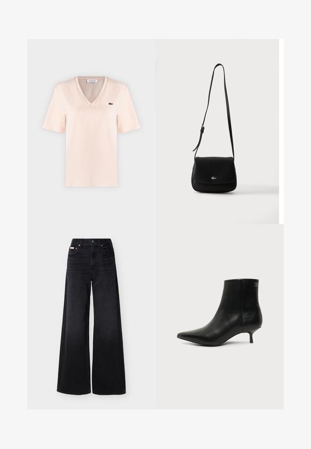T-shirt Lacoste rose clair à manches courtes, col en V, avec petit logo crocodile vert sur le côté gauche de la poitrine.; Jean noir à jambes larges avec taille haute, fermeture avant par boutons et fermeture éclair, passants pour ceinture, et design à cinq poches.; Bottine en cuir noir avec bout pointu et petit talon kitten sur fond clair, vue côté extérieur.; Sac bandoulière en cuir noir avec sangle réglable et fermeture à rabat, doté d'un petit logo crocodile argenté au centre avant.