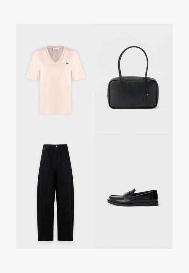 T-shirt Lacoste rose clair à manches courtes, col en V, avec petit logo crocodile vert sur le côté gauche de la poitrine.; Pantalon noir taille haute à jambes larges avec fermeture par bouton et zip devant, avec poches latérales et passants de ceinture sur un fond clair.; Mocassins en cuir noir avec un design d'accent cousu, bout rond, semelle plate en caoutchouc et finition lisse. Silhouette classique et polyvalente.; Sac à main rectangulaire noir avec doubles poignées arrondies, fermeture éclair dorée et logo "HUGO" embossé sur le devant avec une étiquette en cuir attachée.