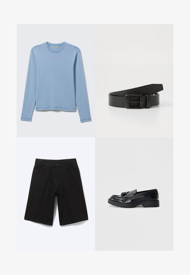 Chemise bleu clair à manches longues avec col rond et une petite étiquette "Weekday" à l’intérieur du col, posée à plat sur un fond clair.; Short en jean noir longueur genou avec bouton à l'avant, passants de ceinture et cinq poches, présenté sur fond blanc.; Mocassins en cuir noir avec une finition brillante, semelle en caoutchouc épaisse et détail de frange décoratif à l'avant.; Ceinture en cuir noir avec une boucle en métal noir mat, présentant une texture lisse et un design simple. Longueur réglable avec une extrémité effilée.