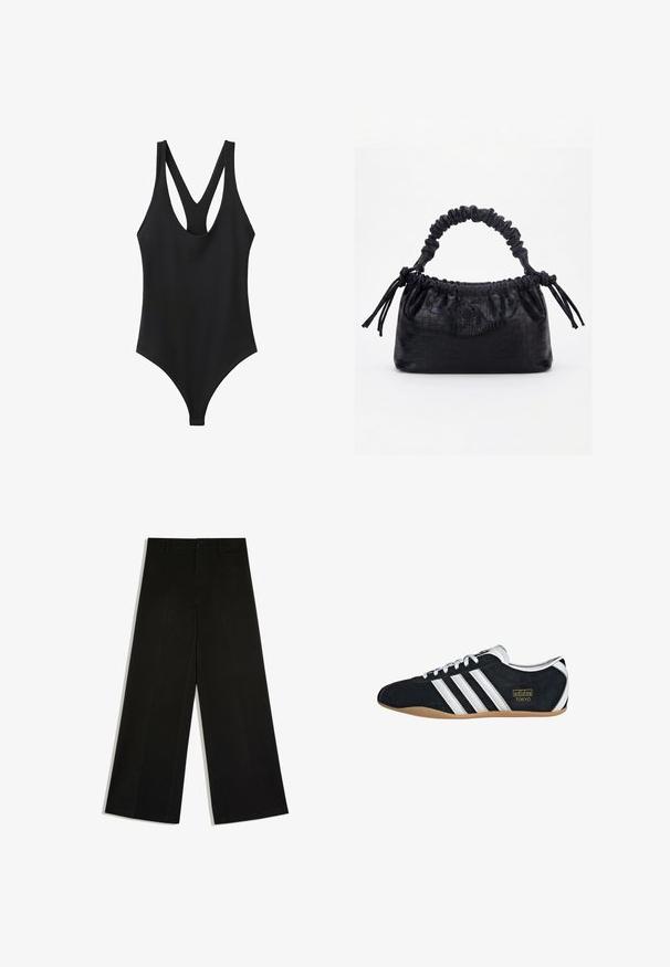 Body noir sans manches avec encolure dégagée et bretelles racerback, présenté sur fond blanc.; Pantalon noir à jambes larges avec passants de ceinture, fermeture devant par bouton et zip, posé à plat sur fond blanc.; Sneakers en suede noir avec trois bandes blanches, logo doré et semelle en caoutchouc marron. Présente un design à lacets à profil bas.; Sac à main noir avec texture crocodile, bord supérieur froncé, poignée plissée et pompons à cordon de chaque côté sur fond blanc.