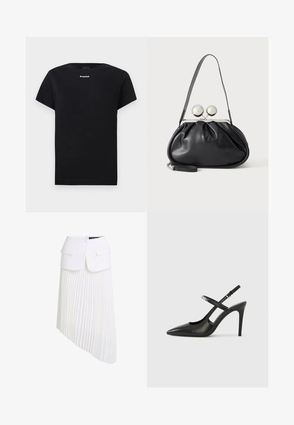 Sort T-shirt med korte ærmer og rund hals, med hvid "PINKO"-logo centreret under halsudskæringen, vist på en ensartet grå baggrund.; Hvid plissert nederdel med asymmetrisk kant, der har en struktureret talje, dobbelte frontlommer og en glat stofstruktur.; Sorte læder slingback-højhæle med spids tå, udskåret design og justerbar rem med metalhardware.; Sort læderhåndtaske med opsamlet design, en enkelt rem, sølv metalramme og to store runde sølv lukninger.