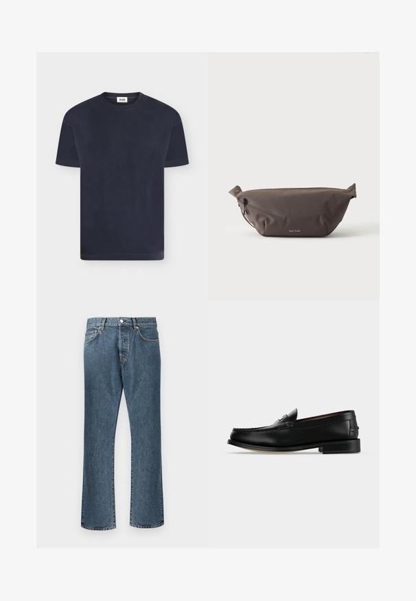 T-shirt uni bleu marine foncé à manches courtes et col rond avec une petite étiquette de marque blanche à l'intérieur du col sur un fond clair.; Jean en denim bleu avec une coupe droite, dotés d'une fermeture classique à bouton et à glissière, de cinq poches et d’un léger délavage.; Mocassin homme en cuir noir avec un petit talon et une couture de style mocassin sur l'avant, vu de côté sur un fond uni.; Sac banane en tissu marron foncé avec poche zippée en diagonale et petit logo blanc sur le devant, sur un fond clair uni.