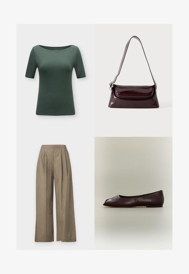 T-shirt ajusté à manches courtes vert foncé avec un large col rond sur un fond clair uni.; Pantalon kaki taille haute à jambes larges avec des plis à l'avant, confectionné dans un tissu texturé, présenté sur un fond blanc.; Chaussure plate en cuir marron foncé avec bout ouvert et petit talon sur fond clair uni.; Sac à bandoulière en cuir bordeaux foncé avec fermeture à rabat et une fine sangle réglable, présenté sur un fond clair uni.
