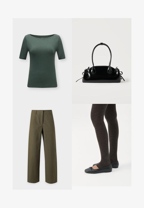 T-shirt ajusté à manches courtes vert foncé avec un large col rond sur un fond clair uni.; Pantalon droit vert olive avec passants de ceinture et fermeture avant dissimulée, présenté sur un fond uni clair.; Jambes portant des leggings côtelés foncés associés à des ballerines noires avec de petits détails en nœud sur fond blanc.; Petit sac à main noir brillant avec deux longues anses et des détails à cordon sur les côtés sur un fond clair uni.