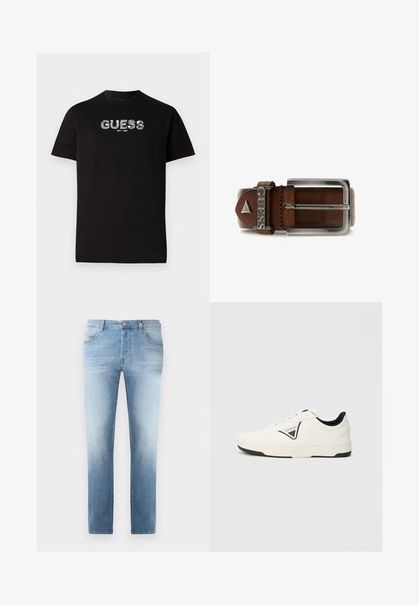 Mustrem mustikas T-särk lühikeste käistega, millel on valge graafiline "GUESS" logo ja "EST. 1981" tekst all. Ümar kaelus, mugav lõige.; Heledad tumesinised teksad, millel on veidi kulunud viimistlus, sirge sääre disain, viie taskuga stiil ja metallist nööp kinnitamiseks vöökohal.; Valged madala säärega tennised kunstnahast, millel on mustad aktsendid, külgedel kolmnurkne logo ja tekstuuriga kummist tallaosa.; Pruun nahkvöö, millel on hõbedane metallist ristkülikukujuline pandlaga kinnis. Sisaldab metallist sildi brändinimega "GUESS" ja kolmnurga kujulist rõhutust.