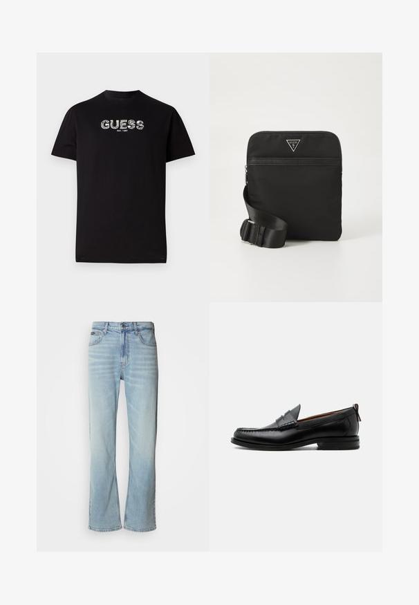 Sort bomulds T-shirt med korte ærmer, der har et hvidt grafisk "GUESS" logo og teksten "EST. 1981" nedenfor. Rund halsudskæring, afslappet pasform.; Lyseblå denimjeans med lige ben, der har fem lommer, knaplukning og en subtil falmning på stoffet.; Sort læder herre loafer med moc-tå syning, penny strop, struktureret krave og lav stablet hæl på hvid baggrund.; Sort nylon crossover taske med justerbar rem, lynlås, frontlomme og logo i sølvfarvet tone. Flad rektangulær form, glat tekstur.