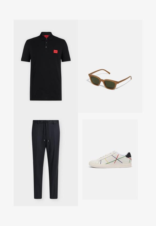 Sort poloshirt med korte ærmer, tre-knaps slids og rødt rektangulært Hugo-logo på venstre bryst og indersiden af kraven.; Sorte skræddersyede bukser med snøre i taljen og subtile forplisseringer foran, vist på en ensfarvet lys baggrund.; Hvide lædersneakers med multicolore diagonale striber i rød, gul, grøn og blå. Sort detalje på hælen. Gummisål.; Brune acetat solbriller med mørkegrønne linser, rektangulær form og guld accenter på stængerne. Glat struktur, minimalistisk design.