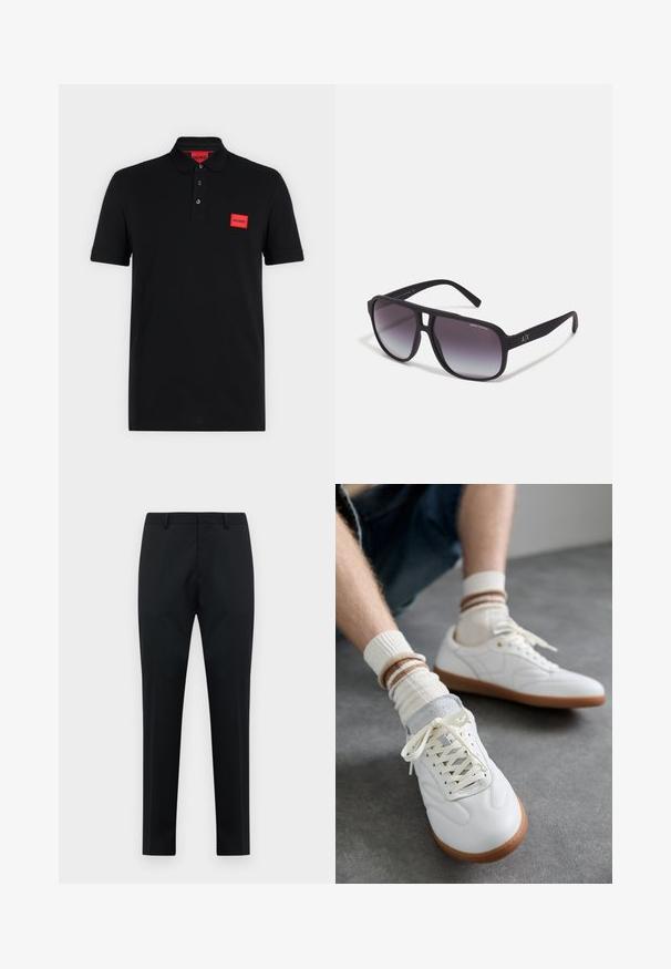 Schwarzes Poloshirt mit kurzen Ärmeln, einer Drei-Knopf-Leiste und rotem rechteckigem Hugo-Logo auf der linken Brustseite und innen am Kragen.; Schwarze maßgeschneiderte Herren-Anzughose mit Gürtelschlaufen, flachem Vorderteil und geraden Beinen auf weißem Hintergrund.; Weiße Ledersneaker mit glatter Textur, grauen Wildlederelementen, beigen Gummisohlen und flachen Schnürsenkeln. Kombiniert mit cremefarbenen und braun gestreiften Socken.; Schwarze Sonnenbrille mit einem dicken, rechteckigen Rahmen und Verlaufslinsen. Mit silberner Markenkennzeichnung an der Seite und matter Textur an den Bügeln.