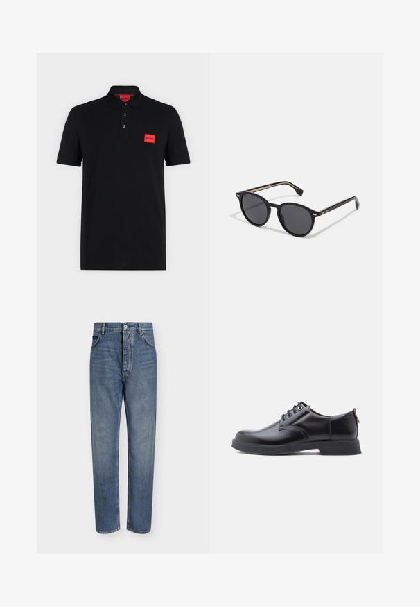 Schwarzes Poloshirt mit kurzen Ärmeln, einer Drei-Knopf-Leiste und rotem rechteckigem Hugo-Logo auf der linken Brustseite und innen am Kragen.; Gerade geschnittene blaue Jeans aus Denim mit hoher Taille, Frontknopfverschluss und Fünf-Taschen-Design auf einem schlichten hellen Hintergrund.; Schwarze Leder-Schnürschuhe mit glatter Textur, rundem Zehenbereich und dezenten Ziernähten. Mit einem roten Laschenband an der Ferse.; BOSS Sonnenbrille - black
