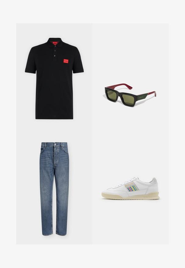Sort poloshirt med korte ærmer, tre-knaps slids og rødt rektangulært Hugo-logo på venstre bryst og indersiden af kraven.; Straight-leg blå denim jeans med høj talje, frontknaplukning og fem-lomme design på en ensartet lys baggrund.; Hvide lædersneakers med en cremefarvet sål, multicolor stribede detaljer på siden og "PS Paul Smith" branding i guld.; Sorte rektangulære solbriller med grønt-tone linser og dybe røde arme. Har "GUCCI" logoet i guld på ydersiden af den ene arm.