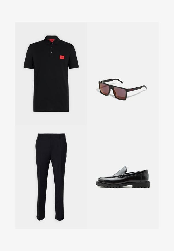 Zwart poloshirt met korte mouwen, een sluiting met drie knopen en een rood rechthoekig Hugo-logo op de linkerborst en binnen in de kraag.; Zwarte broeken gemaakt van geweven stof, met een getailleerde pasvorm, een vlakke voorkant, zijzakken en een rechte pijpdesign.; Zwarte leren loafer met dikke rubberen zool, gestikte bovenkant en gegraveerde merknaam op de hiel, zijaanzicht op witte achtergrond.; Zwarte rechthoekige zonnebril met donkerrode glazen, voorzien van een matte afwerking en een rood logo op de slapen. Stevig plastic frame.