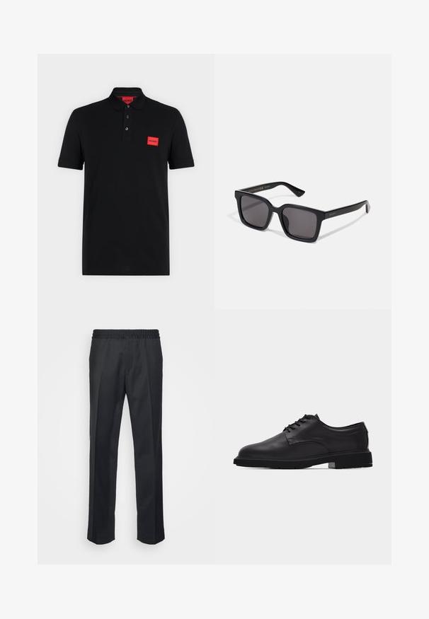Schwarzes Poloshirt mit kurzen Ärmeln, einer Drei-Knopf-Leiste und rotem rechteckigem Hugo-Logo auf der linken Brustseite und innen am Kragen.; Schwarze Hose mit lockerer Passform, ausgestattet mit einem elastischen Bund, geraden Beinen und einer weichen, glatten Stoffstruktur.; Schwarzer Herrenschuh aus Leder mit Schnürung, glatter Oberfläche und dicker Gummisohle, im Profil auf weißem Hintergrund gezeigt.; Schwarze quadratische Sonnenbrille mit dunklen Gläsern. Das Gestell hat eine matte Oberfläche mit goldener "GUCCI"-Markierung am Bügel. Robuste Bauweise mit kantigen Kanten.