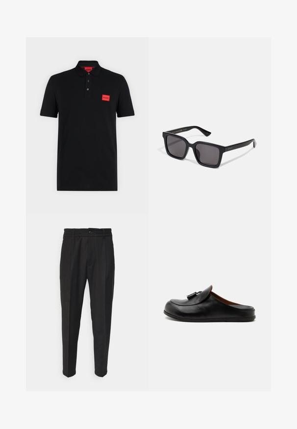 Sort poloshirt med korte ærmer, tre-knaps slids og rødt rektangulært Hugo-logo på venstre bryst og indersiden af kraven.; Sorte bukser lavet af tekstureret stof, med knaplukning, elastisk talje, to forlommer og tætsiddende ben.; Sort læder rygfri loafer med kvaster på toppen, vist fra siden på en lys ensfarvet baggrund.; Sorte firkantede solbriller med mørke linser. Rammen har en mat finish med guld "GUCCI" branding på armen. Robust design med kantede kanter.