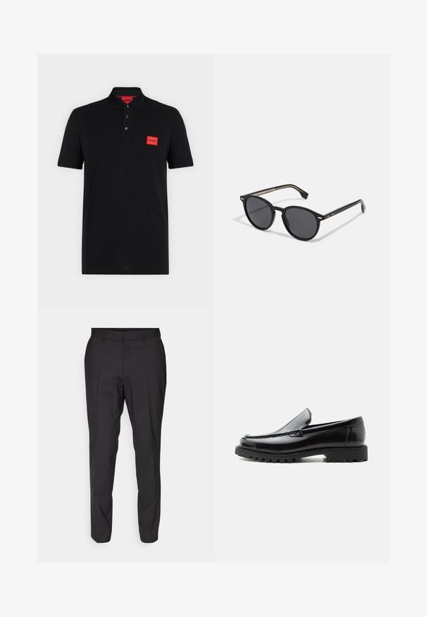 Schwarzes Poloshirt mit kurzen Ärmeln, einer Drei-Knopf-Leiste und rotem rechteckigem Hugo-Logo auf der linken Brustseite und innen am Kragen.; Schwarze maßgeschneiderte Hose mit geradem Schnitt, flacher Vorderseite, Gürtelschlaufen und glatter Textur. Keine sichtbaren Muster oder Akzente.; Schwarzer Lederloafer mit grober Gummisohle, genähter Oberseite und geprägtem Markennamen an der Ferse, seitlich auf weißem Hintergrund gezeigt.; BOSS Sonnenbrille - black