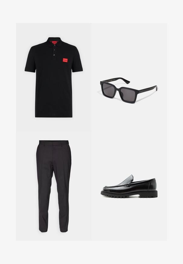 Schwarzes Poloshirt mit kurzen Ärmeln, einer Drei-Knopf-Leiste und rotem rechteckigem Hugo-Logo auf der linken Brustseite und innen am Kragen.; Schwarze maßgeschneiderte Hose mit geradem Schnitt, flacher Vorderseite, Gürtelschlaufen und glatter Textur. Keine sichtbaren Muster oder Akzente.; Schwarzer Lederloafer mit grober Gummisohle, genähter Oberseite und geprägtem Markennamen an der Ferse, seitlich auf weißem Hintergrund gezeigt.; Schwarze quadratische Sonnenbrille mit dunklen Gläsern. Das Gestell hat eine matte Oberfläche mit goldener "GUCCI"-Markierung am Bügel. Robuste Bauweise mit kantigen Kanten.