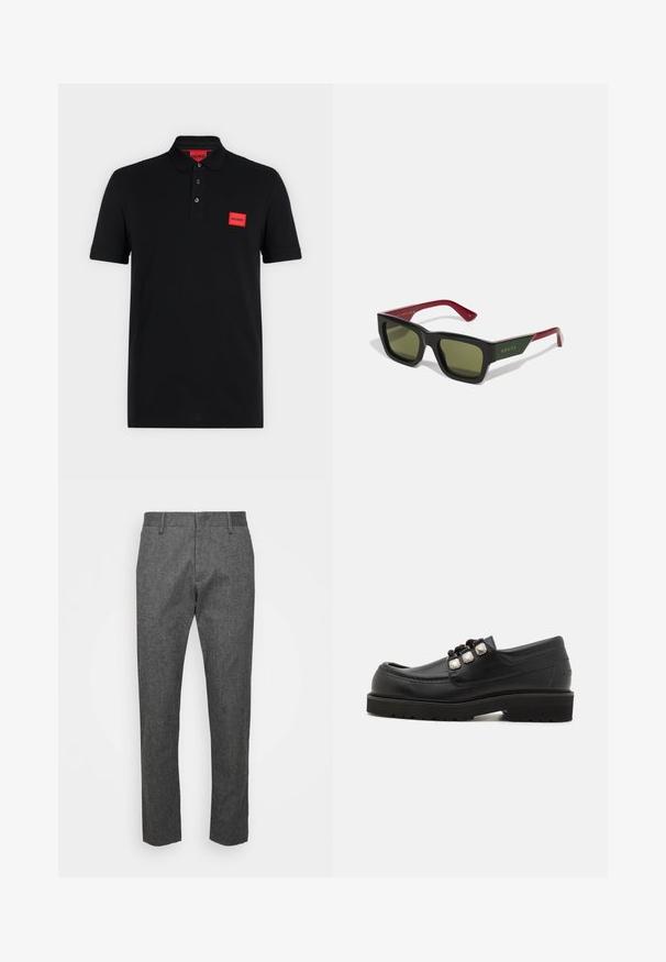 Zwart poloshirt met korte mouwen, een sluiting met drie knopen en een rood rechthoekig Hugo-logo op de linkerborst en binnen in de kraag.; Grijze broek van gestructureerde stof, met een rechte pijp ontwerp, riemlussen en een nette, op maat gemaakte afwerking.; Zwarte leren instappers met een ronde neus, voorzien van drie metalen accenten en een gestructurezool voor grip. Gladde bovenkant en gestikte details.; Zwarte rechthoekige zonnebril met groengetinte lenzen en dieprode pootjes. Kenmerkt het "GUCCI"-logo in goud aan de buitenzijde van een pootje.