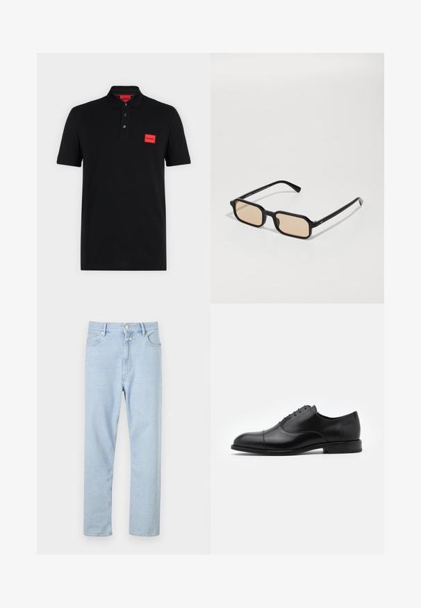 Schwarzes Poloshirt mit kurzen Ärmeln, einer Drei-Knopf-Leiste und rotem rechteckigem Hugo-Logo auf der linken Brustseite und innen am Kragen.; Hellblaue Jeans mit geradem Bein aus Denim, ausgestattet mit einem Knopf- und Reißverschluss, fünf Taschen und dezenten Verwaschungen im Stoff.; Schwarze Leder-Richterschuhe mit abgerundetem Zehenbereich, Schnürdesign und dezenten Stichdetails. Verfügt über einen niedrigen Absatz und eine glatte Textur.; Schwarze rechteckige Sonnenbrille mit hellbraunen Gläsern, die über ein dickes Gestell, eine eckige Form und subtile goldene Akzente an den Bügeln verfügt.
