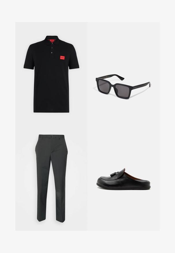 Sort poloshirt med korte ærmer, tre-knaps slids og rødt rektangulært Hugo-logo på venstre bryst og indersiden af kraven.; Neil Barrett PLEAT TROUSERS - Bukser - black; Sort læder rygfri loafer med kvaster på toppen, vist fra siden på en lys ensfarvet baggrund.; Sorte firkantede solbriller med mørke linser. Rammen har en mat finish med guld "GUCCI" branding på armen. Robust design med kantede kanter.