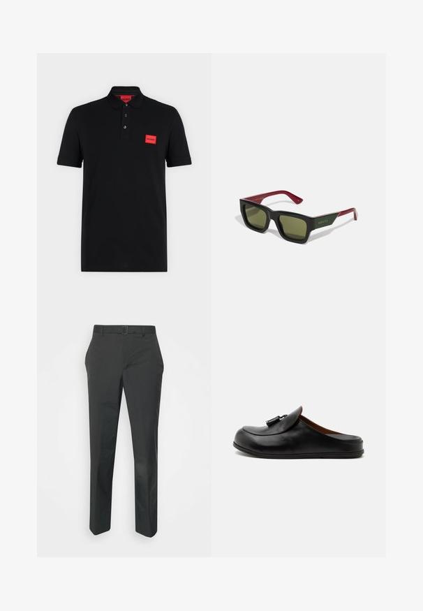 Schwarzes Poloshirt mit kurzen Ärmeln, einer Drei-Knopf-Leiste und rotem rechteckigem Hugo-Logo auf der linken Brustseite und innen am Kragen.; Neil Barrett PLEAT TROUSERS - Stoffhose - black; Schwarzer lederner Slipper ohne Ferse mit Quasten oben, von der Seite auf hellem, einfarbigem Hintergrund dargestellt.; Schwarze rechteckige Sonnenbrille mit grün getönten Gläsern und tief roten Bügeln. Verfügt über das goldene "GUCCI"-Logo an der Außenseite eines Bügels.