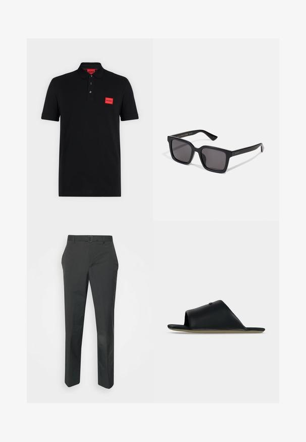 Sort poloshirt med korte ærmer, tre-knaps slids og rødt rektangulært Hugo-logo på venstre bryst og indersiden af kraven.; Neil Barrett PLEAT TROUSERS - Bukser - black; Sort åben-tå læder slide sandal med bred rem og flad beige sål, vist i sideprofil på en lysegrå baggrund.; Sorte firkantede solbriller med mørke linser. Rammen har en mat finish med guld "GUCCI" branding på armen. Robust design med kantede kanter.