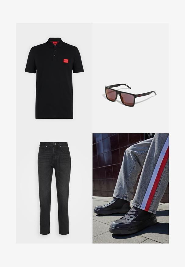 Schwarzes Poloshirt mit kurzen Ärmeln, einer Drei-Knopf-Leiste und rotem rechteckigem Hugo-Logo auf der linken Brustseite und innen am Kragen.; Schwarze Jeans aus Denim mit geradem Schnitt, fünf Taschen, Knopfverschluss und dezenten Nähdetails.; Schwarze High-Top-Sneaker mit Netzpaneelen und dicken Gummisohlen, kombiniert mit grauen Jeans mit roten und weißen Seitenstreifen.; Schwarze rechteckige Sonnenbrille mit dunkelroten Gläsern, mit matter Oberfläche und rotem Logo am Bügel. Robuster Kunststoffrahmen.