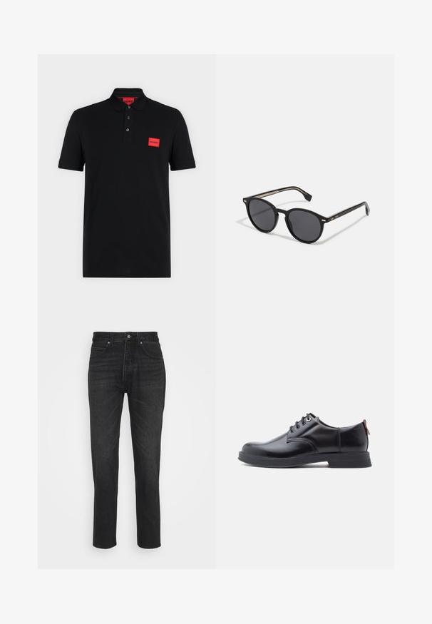 Sort poloshirt med korte ærmer, tre-knaps slids og rødt rektangulært Hugo-logo på venstre bryst og indersiden af kraven.; Sorte denimjeans med et lige ben-design, der har fem lommer, knaplukning og subtile syninger.; Sorte snørestøvler i læder med glat tekstur, rundet tå og diskrete syningsdetaljer. Har en rød trækflig på hælen.; BOSS Solbriller - black