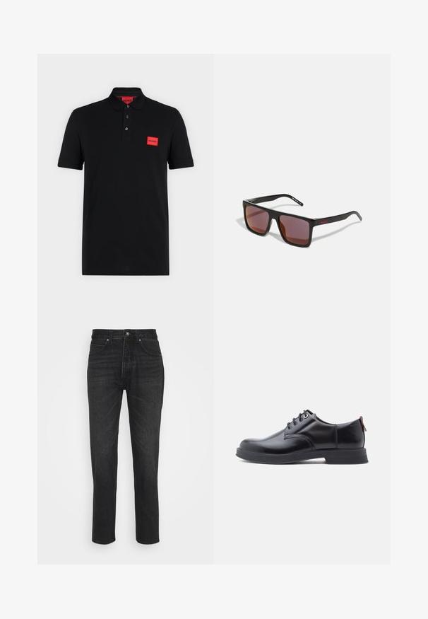 Schwarzes Poloshirt mit kurzen Ärmeln, einer Drei-Knopf-Leiste und rotem rechteckigem Hugo-Logo auf der linken Brustseite und innen am Kragen.; Schwarze Jeans aus Denim mit geradem Schnitt, fünf Taschen, Knopfverschluss und dezenten Nähdetails.; Schwarze Leder-Schnürschuhe mit glatter Textur, rundem Zehenbereich und dezenten Ziernähten. Mit einem roten Laschenband an der Ferse.; Schwarze rechteckige Sonnenbrille mit dunkelroten Gläsern, mit matter Oberfläche und rotem Logo am Bügel. Robuster Kunststoffrahmen.