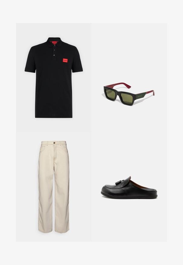 Sort poloshirt med korte ærmer, tre-knaps slids og rødt rektangulært Hugo-logo på venstre bryst og indersiden af kraven.; Fiorucci CARPENTER - Jeans Straight Leg - white; Sort læder rygfri loafer med kvaster på toppen, vist fra siden på en lys ensfarvet baggrund.; Sorte rektangulære solbriller med grønt-tone linser og dybe røde arme. Har "GUCCI" logoet i guld på ydersiden af den ene arm.