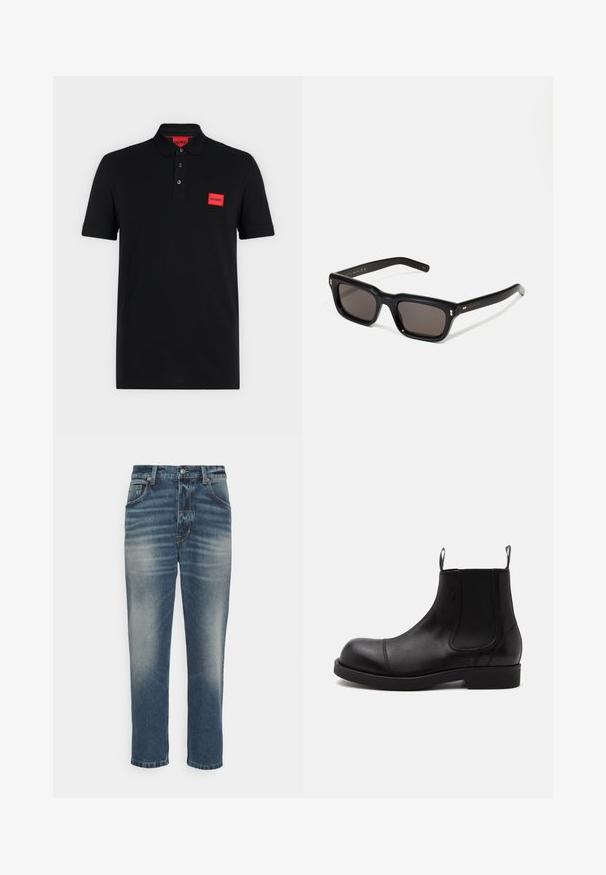 Schwarzes Poloshirt mit kurzen Ärmeln, einer Drei-Knopf-Leiste und rotem rechteckigem Hugo-Logo auf der linken Brustseite und innen am Kragen.; Blaue Denim-Jeans mit einem verwaschenen Finish, geradem Bein, Fünf-Taschen-Stil und Akzenten aus kupferfarbener Metallbeschläge.; Schwarzer Chelsea-Boot aus Leder mit abgerundeter Spitze, elastischen Seiteneinsätzen, Zugschlaufen vorn und hinten, flacher Sohle, seitlich auf weißem Hintergrund abgebildet.; Schwarze rechteckige Sonnenbrille mit dunklen Gläsern, dickem Kunststoffrahmen, goldenen Akzenten an den Bügeln und eingraviertem Markenlogo am Arm.