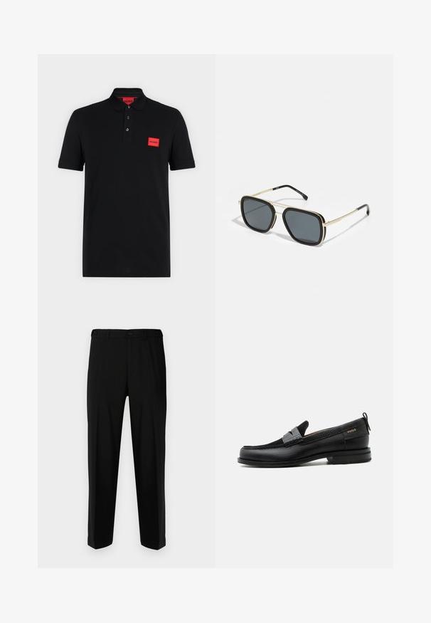 Zwart poloshirt met korte mouwen, een sluiting met drie knopen en een rood rechthoekig Hugo-logo op de linkerborst en binnen in de kraag.; Zwarte broek van gladde stof, met een rechte snit, twee voorzakken en een ritssluiting met knoopsluiting.; Zwarte leren loafer met grijs riemdetailelement, lage hak en gestructureerde zool, aan de zijkant gebrandmerkt met "HUGO" in goud.; Zwarte en gouden zonnebril met een vierkante vorm, metalen frame, donkergrijze lenzen en zwarte oorstukjes. Bevat een dubbele brugontwerp.