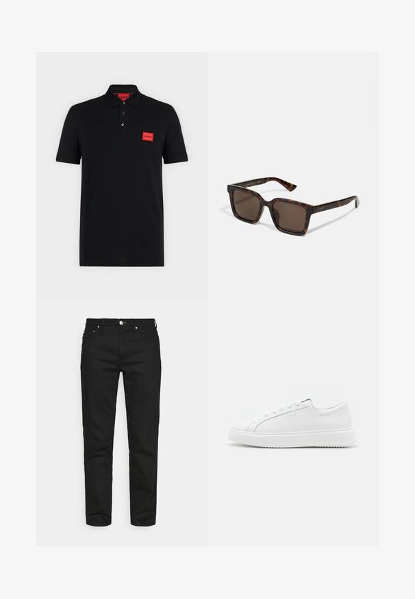 Sort poloshirt med korte ærmer, tre-knaps slids og rødt rektangulært Hugo-logo på venstre bryst og indersiden af kraven.; Won Hundred ARCHER - Jeans Tapered Fit - rinse black; Hvide sneakers lavet af glat syntetisk materiale. Har et lavt design, forhøjet hvid sål, rund tå og snørebånd foran med fem snøre-huller.; Skildpaddemønstrede solbriller med rektangulær form, brune linser og metalakcenter med brandnavnet "Gucci" på stængerne.