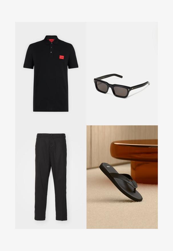 Sort poloshirt med korte ærmer, tre-knaps slids og rødt rektangulært Hugo-logo på venstre bryst og indersiden af kraven.; Sorte bomuldschinos med lige ben-design, knaplukning og sidelommer. Glat tekstur og ingen synlige mønstre eller accenter.; Sort BOSS flip-flop sandal på et beige tæppe med et stort rundt bord i ravfarve i baggrunden.; Sorte rektangulære solbriller med mørke glas, tyk plastisk ramme, guldtryk på stængerne og brandlogo indgraveret på armen.