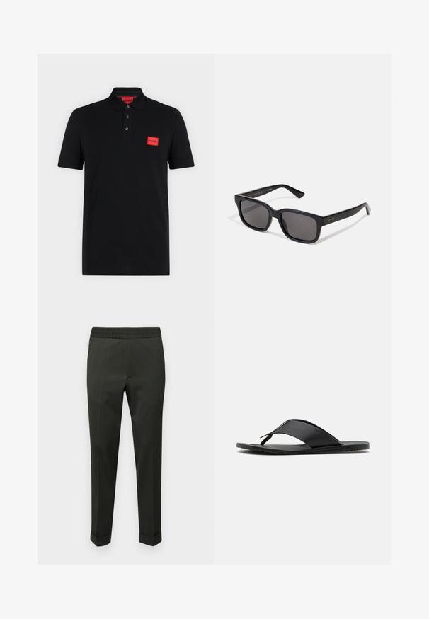 Sort poloshirt med korte ærmer, tre-knaps slids og rødt rektangulært Hugo-logo på venstre bryst og indersiden af kraven.; Filippa K TERRY CROPPED TROUSER - Bukser - green melange; Stuart Weitzman BASTIAN - Sandaler m/ tåsplit - black; Sorte rektangulære solbriller med mørke linser. Mat finish, guld branding på templet og lige, tilspidsede arme.