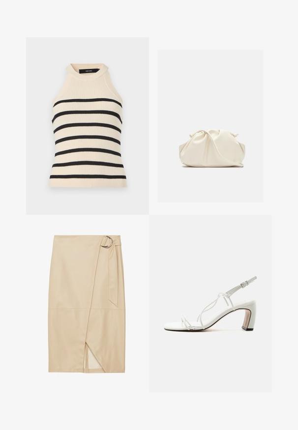 Ærmeløs top med ribstrik i creme med sorte horisontale striber. Design med høj hals. Blød tekstur, kropsnær silhuet og minimalistisk æstetik.; Zign Studio Tubenederdele - off-white; Hvid sandal med stropper, firkantet tå, smalle sidelister, ankelspænde og buet blokhæl med sort kant på sålen.; Blød, cremefarvet læder clutch taske med samlet, rynket design og en tynd skulderrem, der hviler foran på en ensfarvet baggrund.