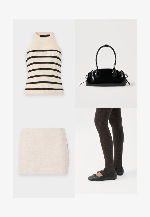 Ærmeløs top med ribstrik i creme med sorte horisontale striber. Design med høj hals. Blød tekstur, kropsnær silhuet og minimalistisk æstetik.; Beige linnedyr med et minimalistisk design, der har en glat tekstur og en subtil vævning. Det har en lige, simpel skæring uden synlige lukninger.; Ben iført mørke ribbede leggings kombineret med sorte balletsko med små sløjfedetaljer på hvid baggrund.; Lille sort blank håndtaske med to lange håndtag og snøre-detaljer i siden på en ensfarvet lys baggrund.