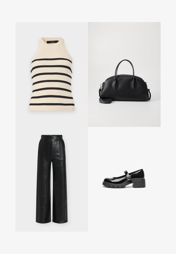Ærmeløs top med ribstrik i creme med sorte horisontale striber. Design med høj hals. Blød tekstur, kropsnær silhuet og minimalistisk æstetik.; Sorte bukser med vide ben lavet af glat læder, med høj talje, subtile læg og klassisk knap- og lynlås lukning.; Sort patentlæder Mary Jane sko med en kraftig hæl, rund tå og en rem med detajler i form af en hjerteformet spænde.; Sort læder håndtaske med rund form, dobbelte top håndtag, tekstureret overflade og aftagelig skulderrem. To hexagonale detaljer på siderne.