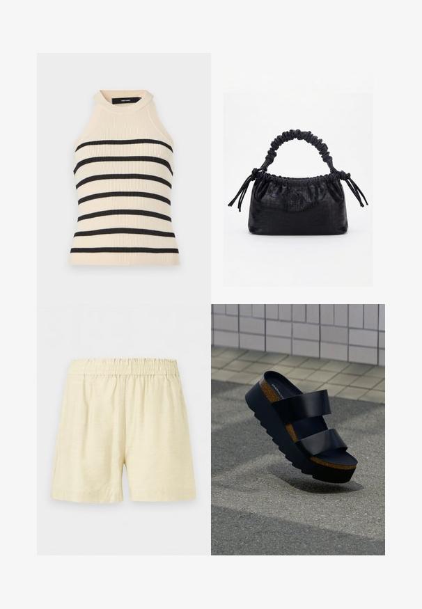 Ærmeløs top med ribstrik i creme med sorte horisontale striber. Design med høj hals. Blød tekstur, kropsnær silhuet og minimalistisk æstetik.; Beige elasticerede shorts med afslappet pasform og længde til midt på låret, lavet af letvægtsstof.; Sort platform-sandal med tyk korksål og to brede remme, placeret på struktureret fortov nær flisebelagt væg.; HVISK ARCADIA MATTE TRACE - Håndtasker - black