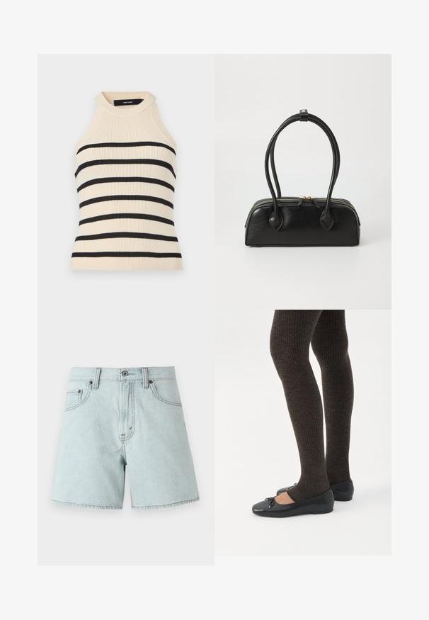 Haut sans manches à côtes de couleur crème avec des rayures horizontales noires. Col montant. Texture douce, silhouette ajustée et esthétique minimaliste.; Shorts en denim bleu clair avec taille haute, comprenant deux poches avant, une fermeture à bouton et des détails de couture sur les côtés.; Jambes portant des leggings côtelés foncés associés à des ballerines noires avec de petits détails en nœud sur fond blanc.; Sac à main en cuir noir avec deux anses allongées, fermeture éclair et forme arrondie ; texture lisse avec une finition légèrement brillante.